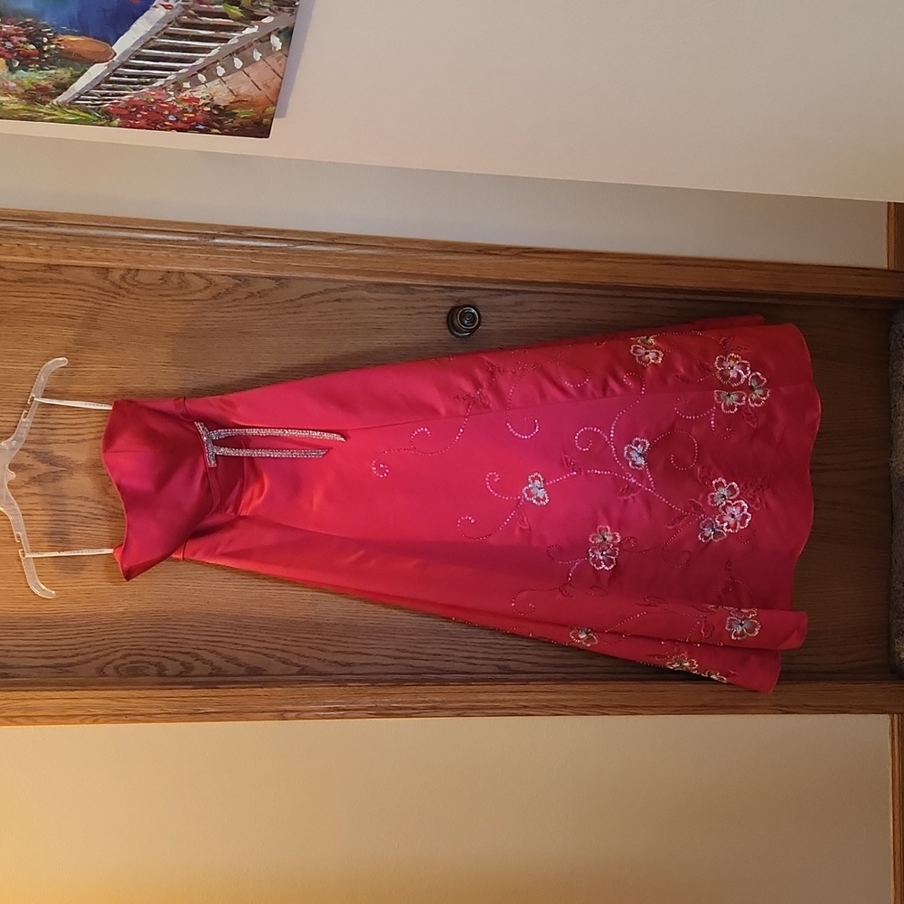 Formal pink dress.
